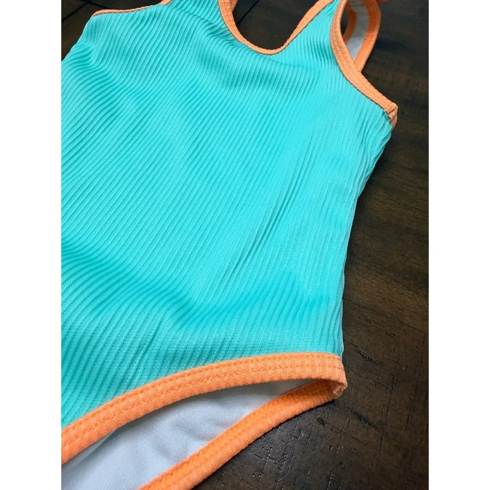 Cat & Jack Girls 2T Aqua Blue Orange Ribbed One Piece Swimsuit w/ Shoulder Bows